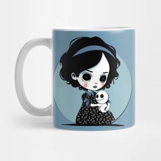 Cure cartoon girl holding a skeleton doll under a crescent moon Mug